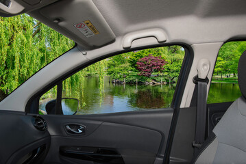 Wall Mural - Car window with view of the Boston Public Garden, USA