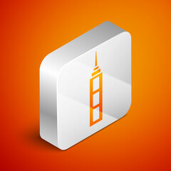 Sticker - Isometric Skyscraper icon isolated on orange background. Metropolis architecture panoramic landscape. Silver square button. Vector