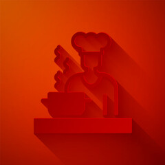 Sticker - Paper cut Spanish cook icon isolated on red background. Paper art style. Vector