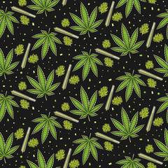 Vector Cannabis Seamless Pattern, square repeating background of cannabis leaves, medicinal marijuana buds, decorative poster with cut out illustrations of recreational cannabis on dark background.