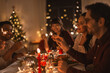 © Syda Productions - holidays and celebration concept - multiethnic group of happy friends with sparklers having christmas dinner at home