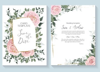Wall Mural - Floral design for wedding invitation. Gold frame, pink roses, branches with leaves, eucalyptus, green leaves and plants.