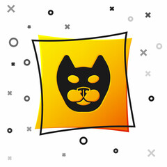 Sticker - Black Cat icon isolated on white background. Yellow square button. Vector