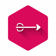 Poster - white arrow icon isolated with long shadow background. pink hexagon button. vector