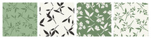 Set Of Four Seamless Floral Patterns With Flowers And Leaves. Green And Beige Vector Backgrounds.