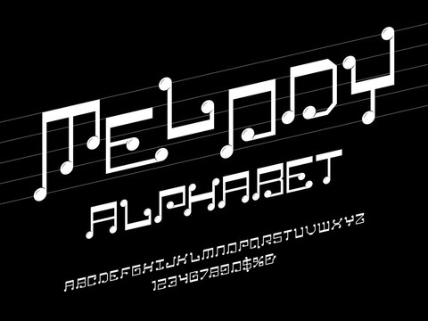 vector of music note font and alphabet design with uppercase, numbers and symbols