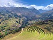 Terraced fields of Incas in Sacred Valley Urubamba in Peru among Andes mountains in summer sunny day. Beautiful view on ancient green grass terraces Urubamba valley Pisac region in Peru.