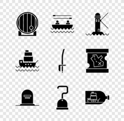 Poster - Set Wooden barrel, Boat with oars, Lighthouse, Tombstone RIP written, Pirate hook, Bottle ship inside, Ship and sword icon. Vector