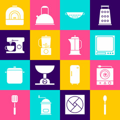 Sticker - Set Spoon, Electric stove, Electronic scales, Kitchen colander, Blender, mixer, Oven and French press icon. Vector