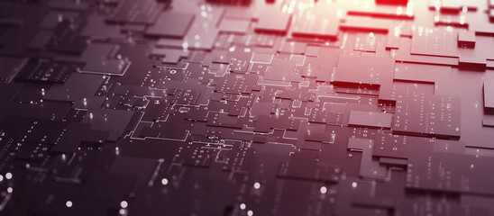Aufkleber - Blockchain technology, futuristic microcircuit. Motherboard, neural network and cyber technology. Binary code in cyberspace. Analysis and processing of data 3D illustration