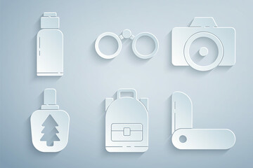 Sticker - Set Hiking backpack, Photo camera, Canteen water bottle, Swiss army knife, Binoculars and icon. Vector