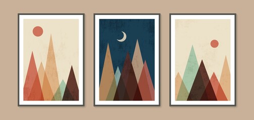 Abstract contemporary landscape posters. Modern boho background set with sun moon mountains. Abstract arts design for wall framed prints, poster, cover, home decor, canvas prints, wallpaper.