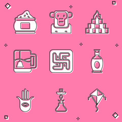 Sticker - Set Indian spice, Monkey, Yagna, Cup of tea with tea bag, Hindu swastika, vase, Hamsa hand and Hookah icon. Vector