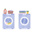 Modern washing machine and tumble dryer isolated on white background. Laundry basket. Washing clothes before and after housework service concept vector illustration.
