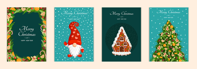 Wall Mural - Set of cute Christmas cards. Collection of vector New Year illustrations with fir branches, gingerbread house, hom and Christmas tree.