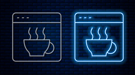 Glowing neon line Software, web developer programming code icon isolated on brick wall background. Javascript computer script random parts of program code. Vector
