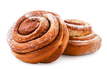 Sweet Cinnamon Buns On White Background. Isolated