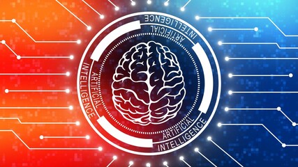 Fototapete - Brain symbol centered in artificial intelligence lettering on ring elements - symbolic of AI artificial intelligence - background of various graphic elements over blurred squares - 3D illustration