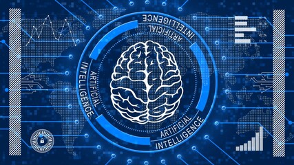Fototapete - Brain symbol centered in artificial intelligence lettering on ring elements - symbolic of AI artificial intelligence - background of various graphic elements over blurred squares - 3D illustration