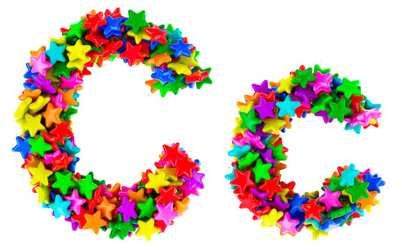 Letter C from colored stars, uppercase and lowercase letters. 3D rendering