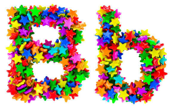 Letter B from colored stars, uppercase and lowercase letters. 3D rendering