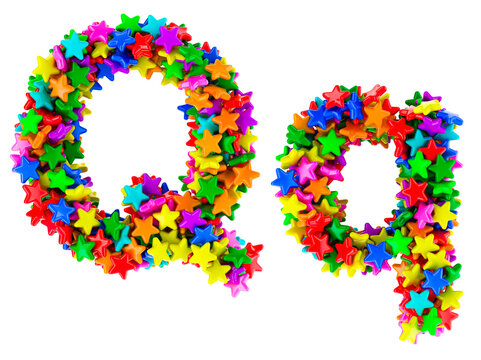 Letter Q from colored stars, uppercase and lowercase letters. 3D rendering