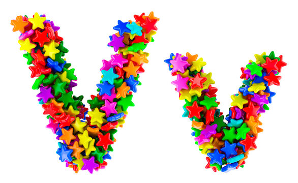 Letter V from colored stars, uppercase and lowercase letters. 3D rendering