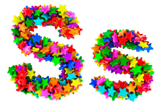 Letter S from colored stars, uppercase and lowercase letters. 3D rendering
