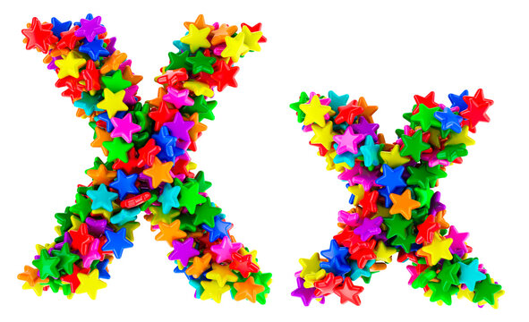 Letter X from colored stars, uppercase and lowercase letters. 3D rendering