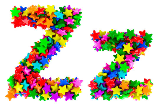 Letter Z from colored stars, uppercase and lowercase letters. 3D rendering