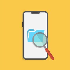 Poster - phone with folder search and magnifying glass finder. touchscreen device with different folders.