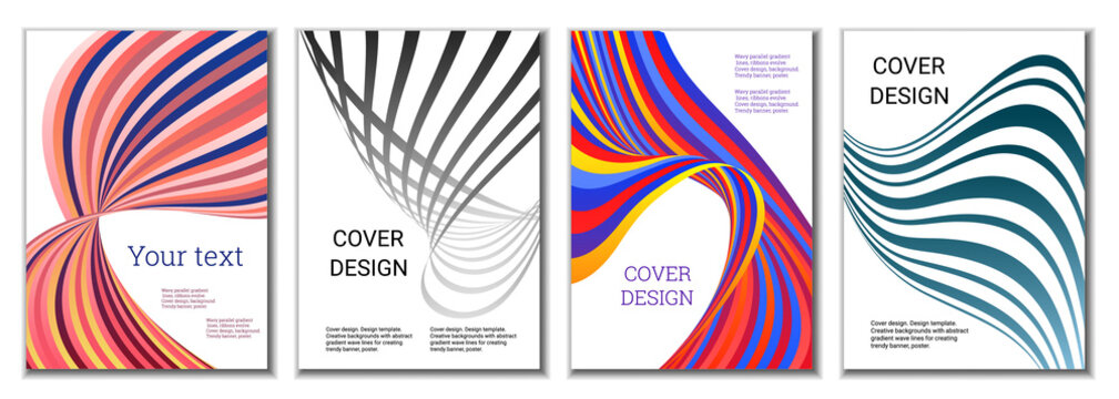 A set of 4 abstract covers. Wavy parallel gradient lines, ribbons evolve. Cover design, background. Trendy banner, poster.