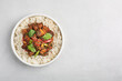 Kung pao or kung po, traditional chinese food, top view with copy space