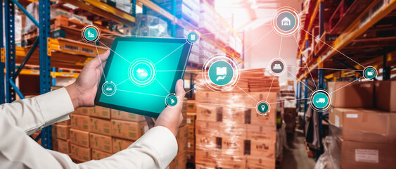 Poster - Smart warehouse management system with innovative internet of things technology to identify package picking and delivery . Future concept of supply chain and logistic network business .