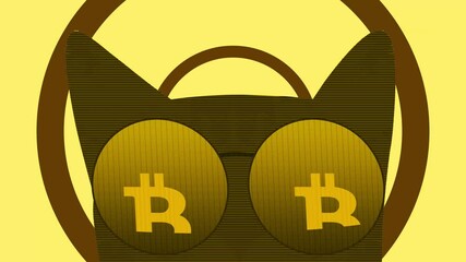 Poster - Crypto Cat in Style with Glasses and Bitcoin 4K Animation. Abstract Digital currency concept style within Cool cat glasses and hypnotizing background, futuristic premium nft artwork
