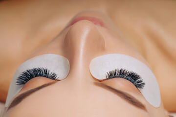 Wall Mural - Eyelash Extension Procedure. Woman Eye with Long Eyelashes. Close up, selective focus.