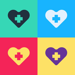 Sticker - Pop art Heart with a cross icon isolated on color background. First aid. Healthcare, medical and pharmacy sign. Vector Illustration