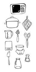 Sticker - Kitchen utensils set in doodle style. Hand drawn sketches of different cooking tools. Black and white vector objects on isolated background.