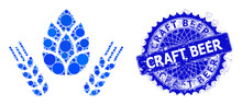 Barley And Hop Vector Mosaic Of Round Dots In Variable Sizes And Blue Color Tones, And Grunge Craft Beer Seal. Blue Round Sharp Rosette Stamp Seal Has Craft Beer Text Inside.