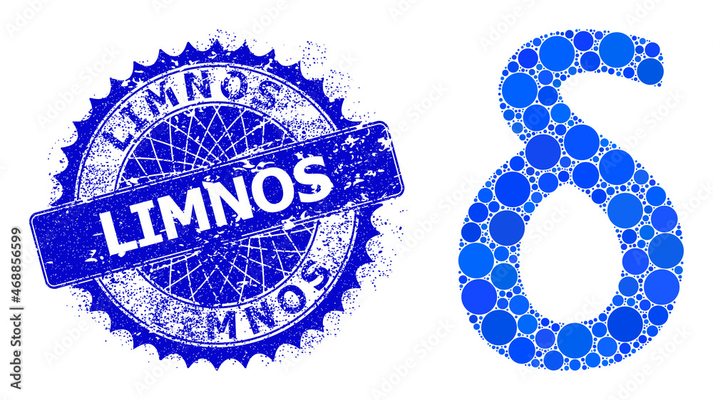 Delta Greek lowercase symbol vector mosaic of round dots in different sizes and blue color tones, and grunge Limnos seal. Blue round sharp rosette stamp seal includes Limnos caption inside.