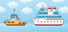 Tug Boat Towing A Cruise Ship Cartoon Vector Illustration