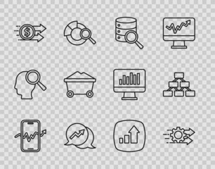 Sticker - Set line Mobile stock trading, Time management, Server, Financial growth, dollar, Coal mine trolley, and Hierarchy organogram icon. Vector