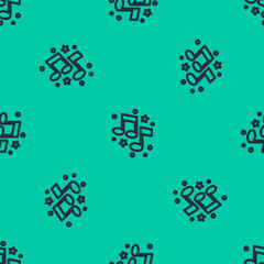 Sticker - Blue line Music note, tone icon isolated seamless pattern on green background. Vector