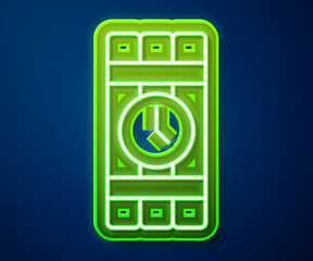 Poster - Glowing neon line Detonate dynamite bomb stick and timer clock icon isolated on blue background. Time bomb - explosion danger concept. Vector