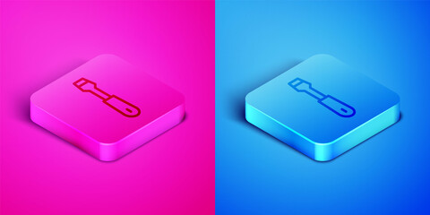 Poster - Isometric line Screwdriver icon isolated on pink and blue background. Service tool symbol. Square button. Vector