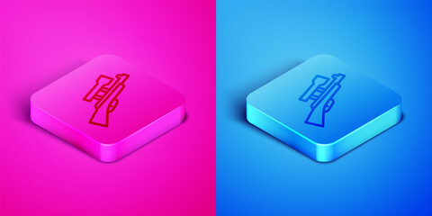 Poster - Isometric line Sniper rifle with scope icon isolated on pink and blue background. Square button. Vector