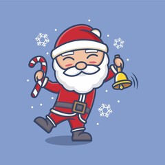 Wall Mural - cute cartoon santa claus holding candy and christmas bell. vector illustration for mascot logo or sticker