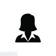 Business woman icon, vector avatar symbol. Female pictogram, girl, lady silhouette sign isolated on white background. Face, head, profile, user, worker, manager, businesswoman, office concept. EPS 10