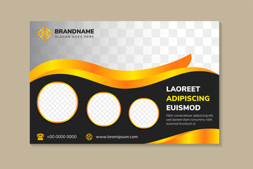 Curve horizontal layout flyer template design use dummy text of headline. circle shape for photo collage space. black background with gold yellow gradient in the element.