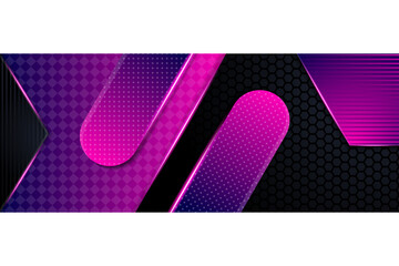 Poster - Futuristic Science fiction Abstract and gradient Purple - pink Neon Light Shapes On Black Background with Empty Space For Texts. transparency square, line, dot and hexagon pattern.
